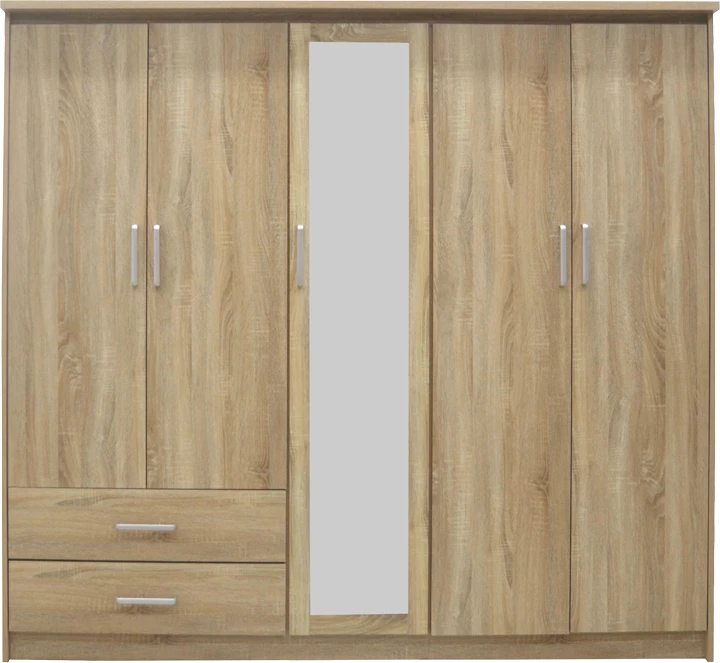 Dollap Olympus me 5 dyer dhe sirtarë+pasqyrë, ngjyrë lisi e çelët, 198x57x183