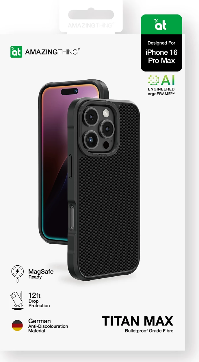 Mbështjellës AmazingThing Titan Max për iPhone 16 Pro Max, fibra aramidi 600D, e zezë