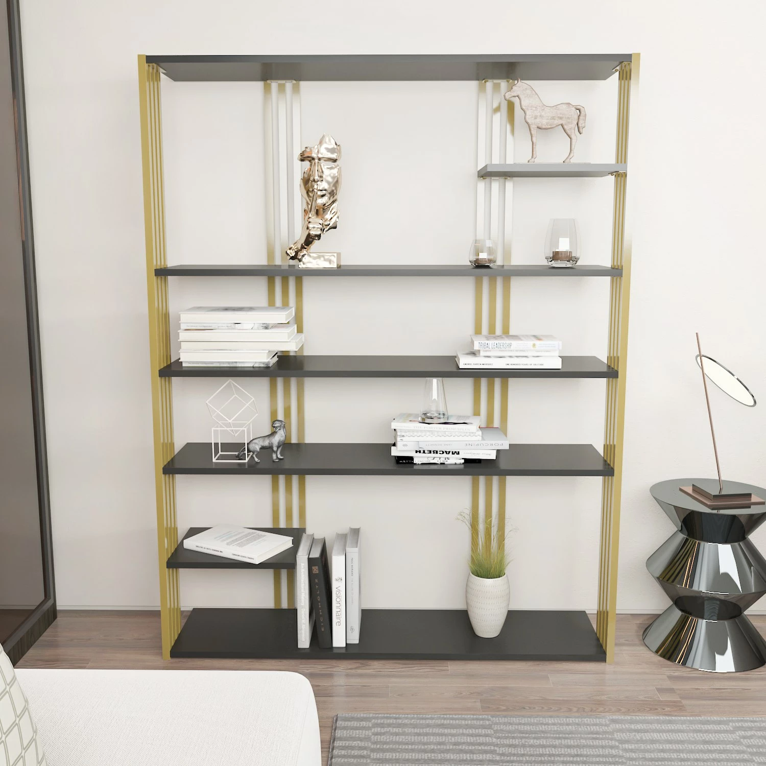 Raft librash Skye Decor, ngjyrë antracit dhe ari