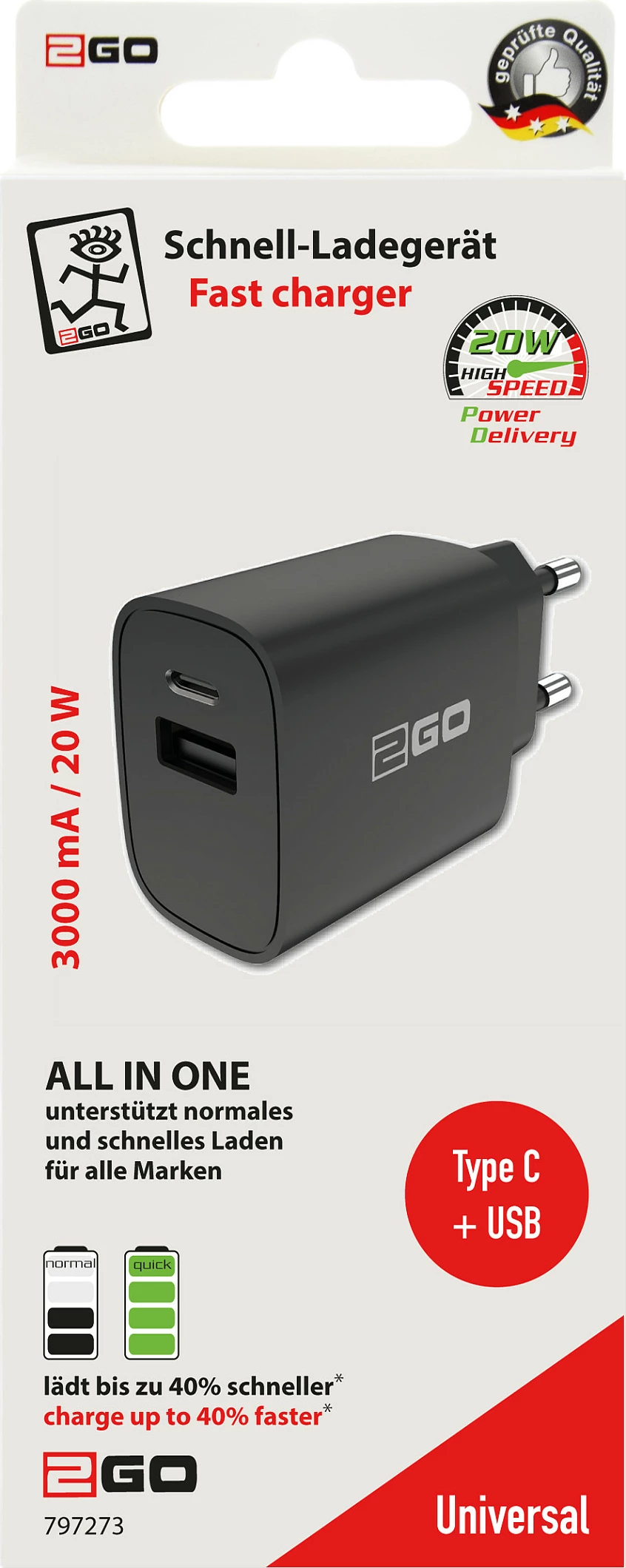 Karikues 2GO 20W, 2 porta USB-A + USB-C, USB PD, i zi