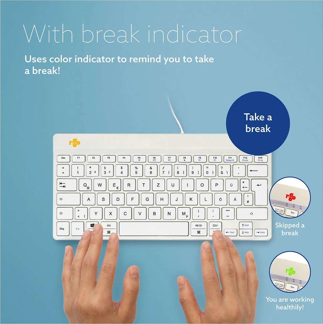 Tastierë ergonomike R-Go Compact Break, USB me kabllo, mini QWERTZ (DE), e bardhë