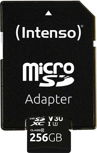 Kartelë memorjeje microSDXC Intenso UHS-I Professional 256GB, U3/V30 Class 10, me adapter SD, e zezë
