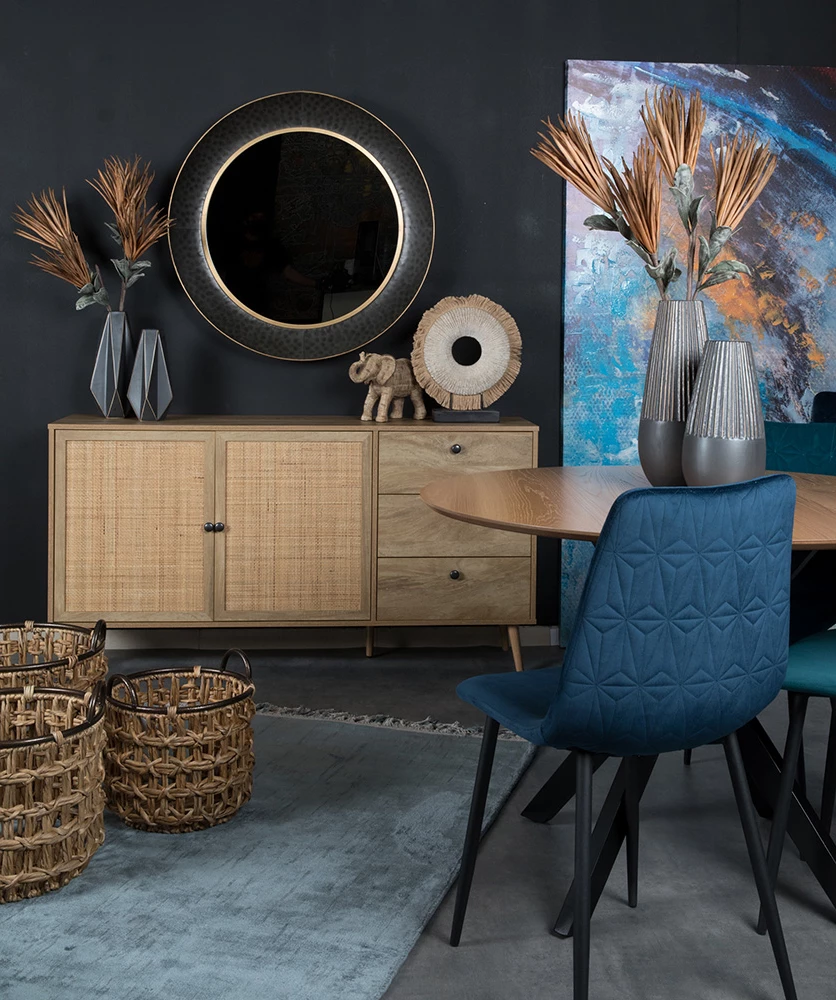 Komodë Ammos me 3 sirtarë, natyrale me ratan, 150x39x79