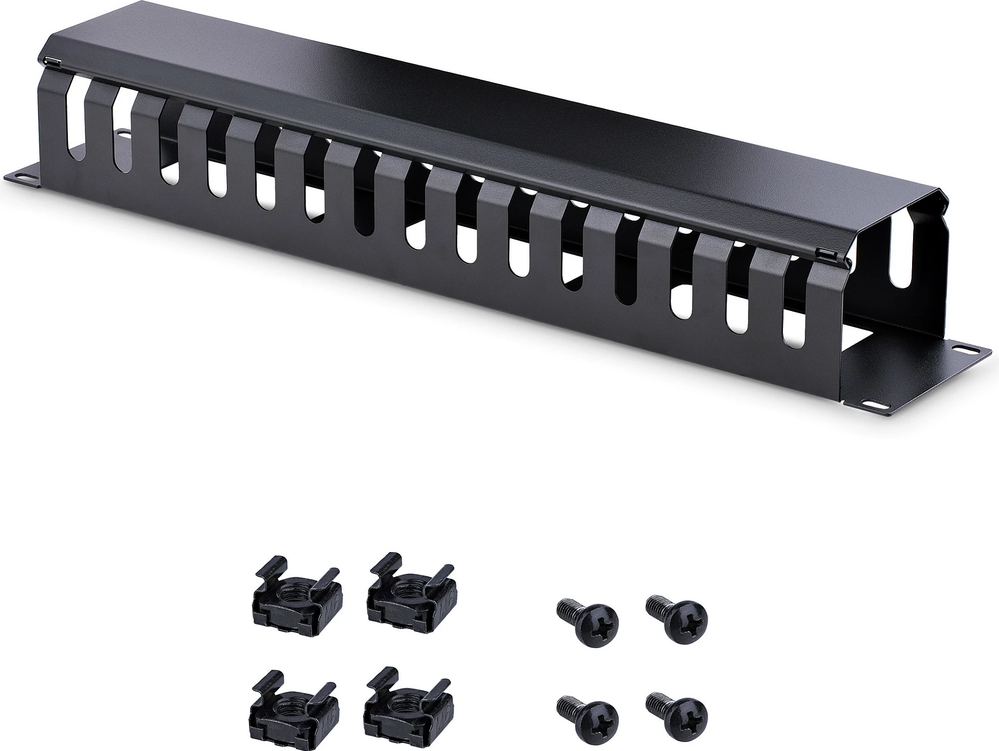 Panel menaxhimi kabllove rack StarTech 2U Finger Duct horizontal me kapak, 19", i zi