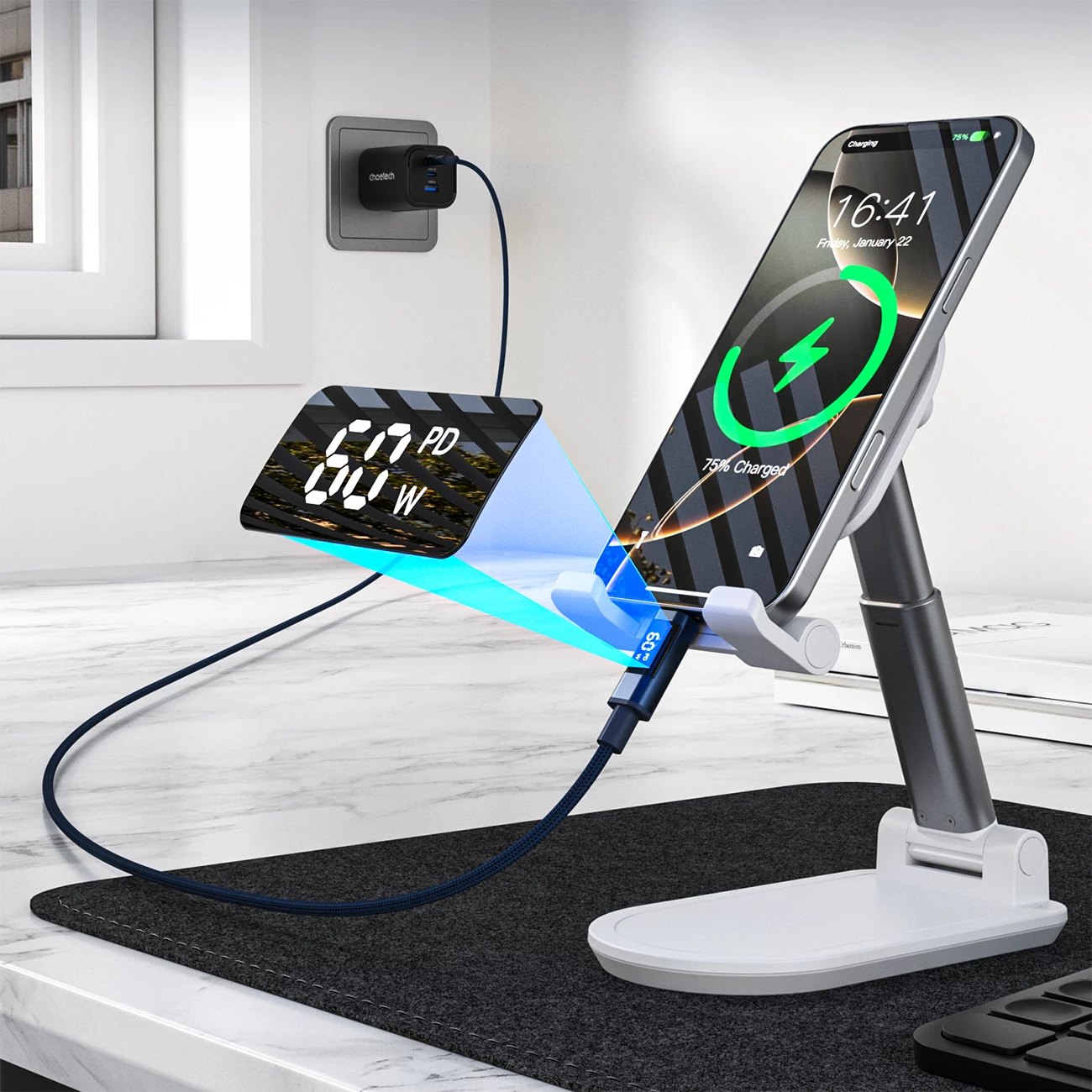 Kabllo USB-C në USB-C Choetech XCC-1068 PD 60W 1.2 m me ekran, blu