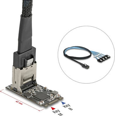 Kontroller M.2 DeLOCK 64260, M.2 2242 në Mini-SAS me 4x SATA 6Gb/s, i zi