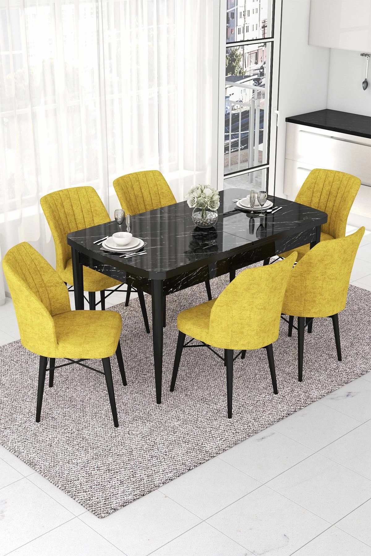 Tavolinë me karrige, zgjatshme, 7 copë, Skye Decor, ngjyrë mermeri të zi dhe mustard