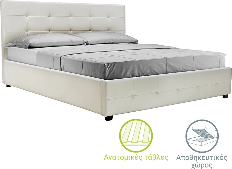 Shtrat dopio Roi PU me hapësirë ruajtjeje, ngjyrë e bardhë mat, 160x200