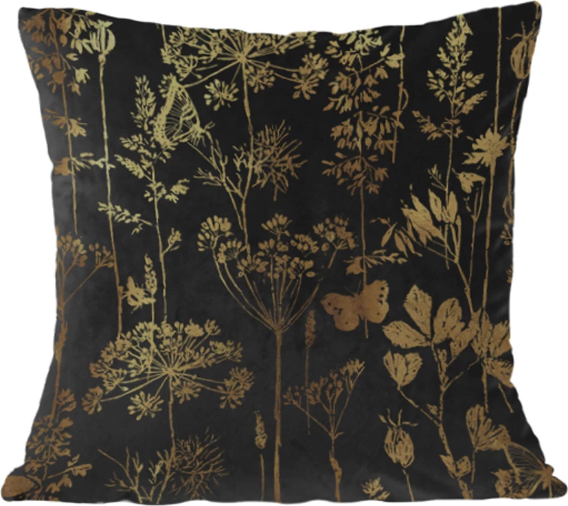 Jastëk dekorativ Blossom, kadife, ngjyrë e zezë dhe ari, 45x45cm