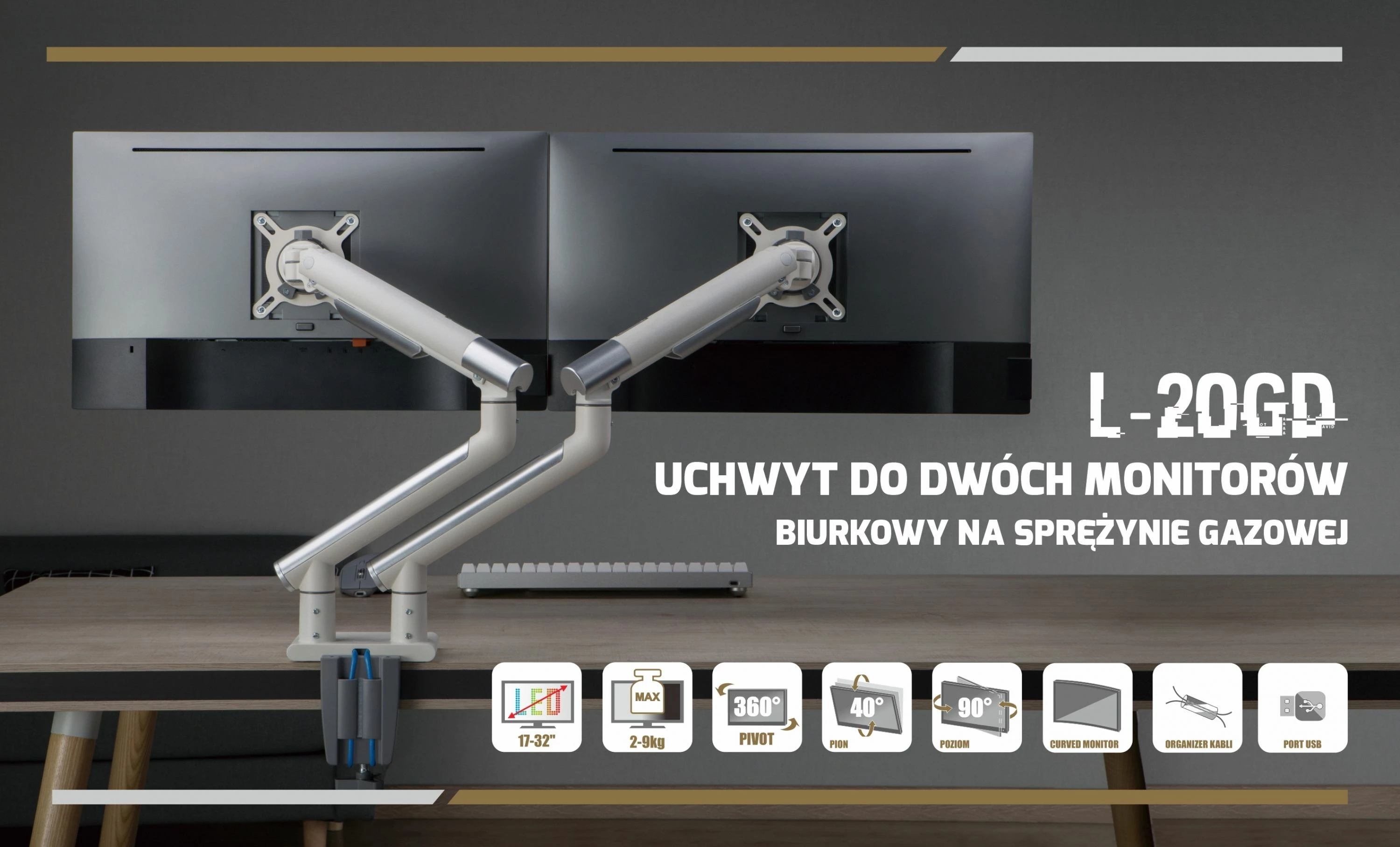 Mbajtëse monitori për tavolinë Art RAMM L-20GD, për 2 monitorë 17\"-32\", VESA 75x75/100x100, deri 9 kg, gas spring, e bardhë