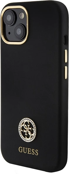 Mbështjellës Guess Silicone Logo Strass 4G për iPhone 15, i zi