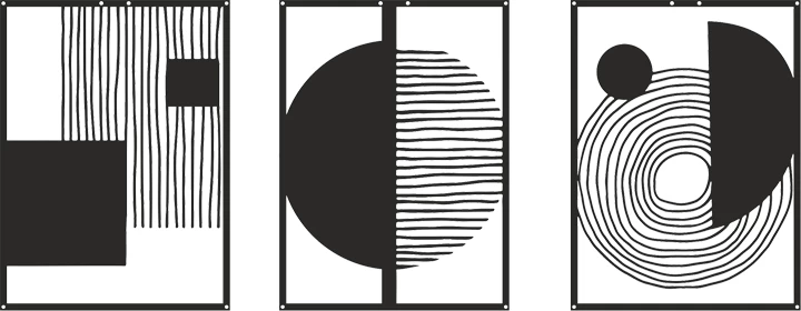 Dekor muri Harimia, set prej 3 copash, metal i zi, 37x1.5x50cm