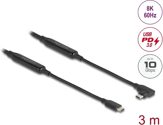 Kabllo USB-C DeLOCK USB 3.2 Gen 2, 3 m, 10 Gbps, PD 60 W, 8K, konektor këndor, e zezë