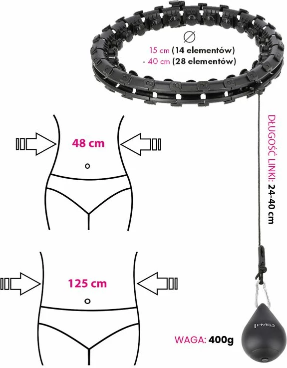 Set hula hop HMS HHW12 me peshë dhe rrip BR163, të zi, plus size