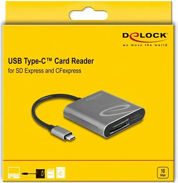 Lexues kartelash DeLOCK USB-C për SD Express dhe CFexpress, USB 3.2 Gen 2, 10 Gbps, alumin, gri