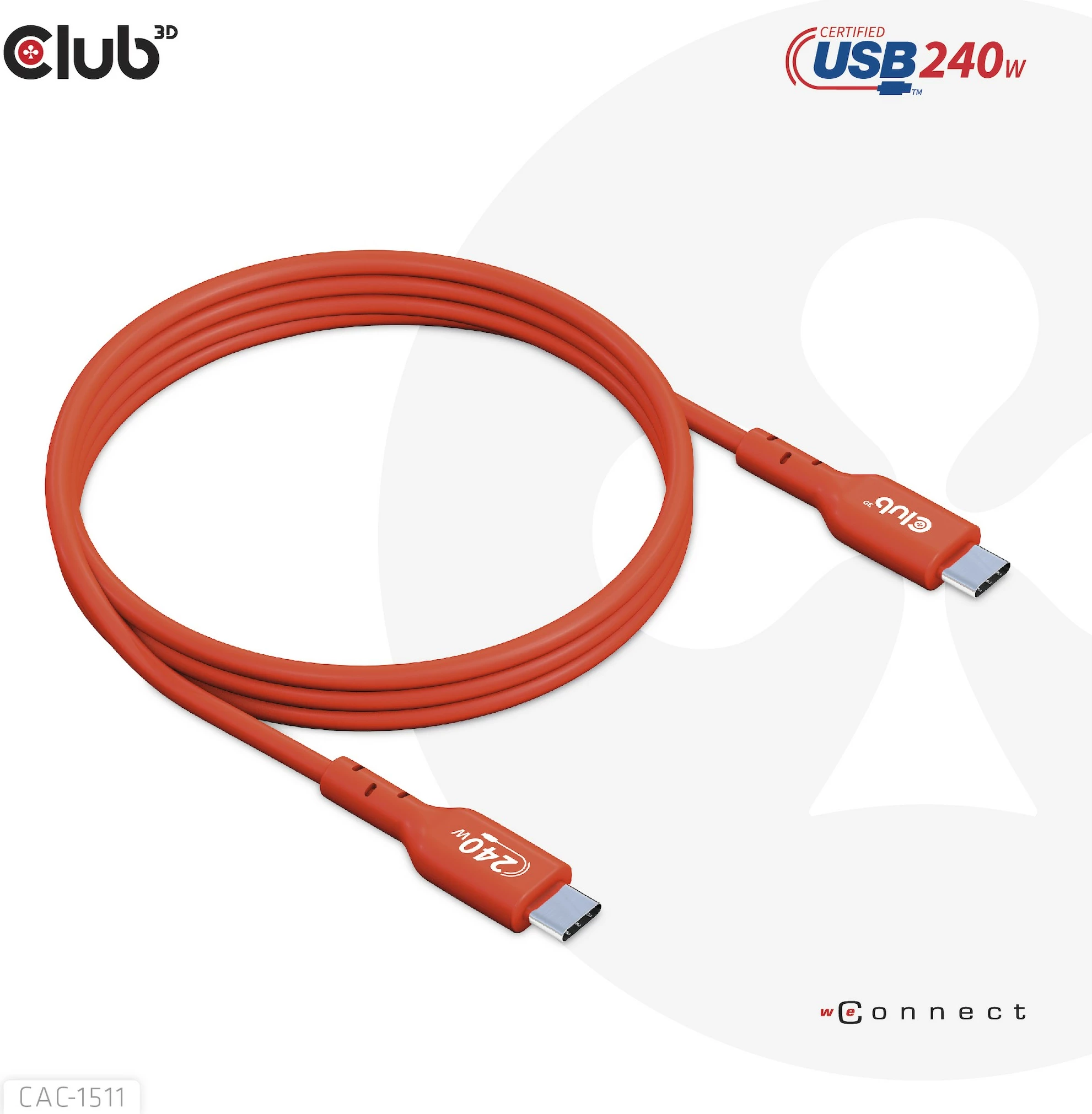 Kabllo USB Type-C Club3D 1m, PD 240W, 480Mb/s, e kuqe