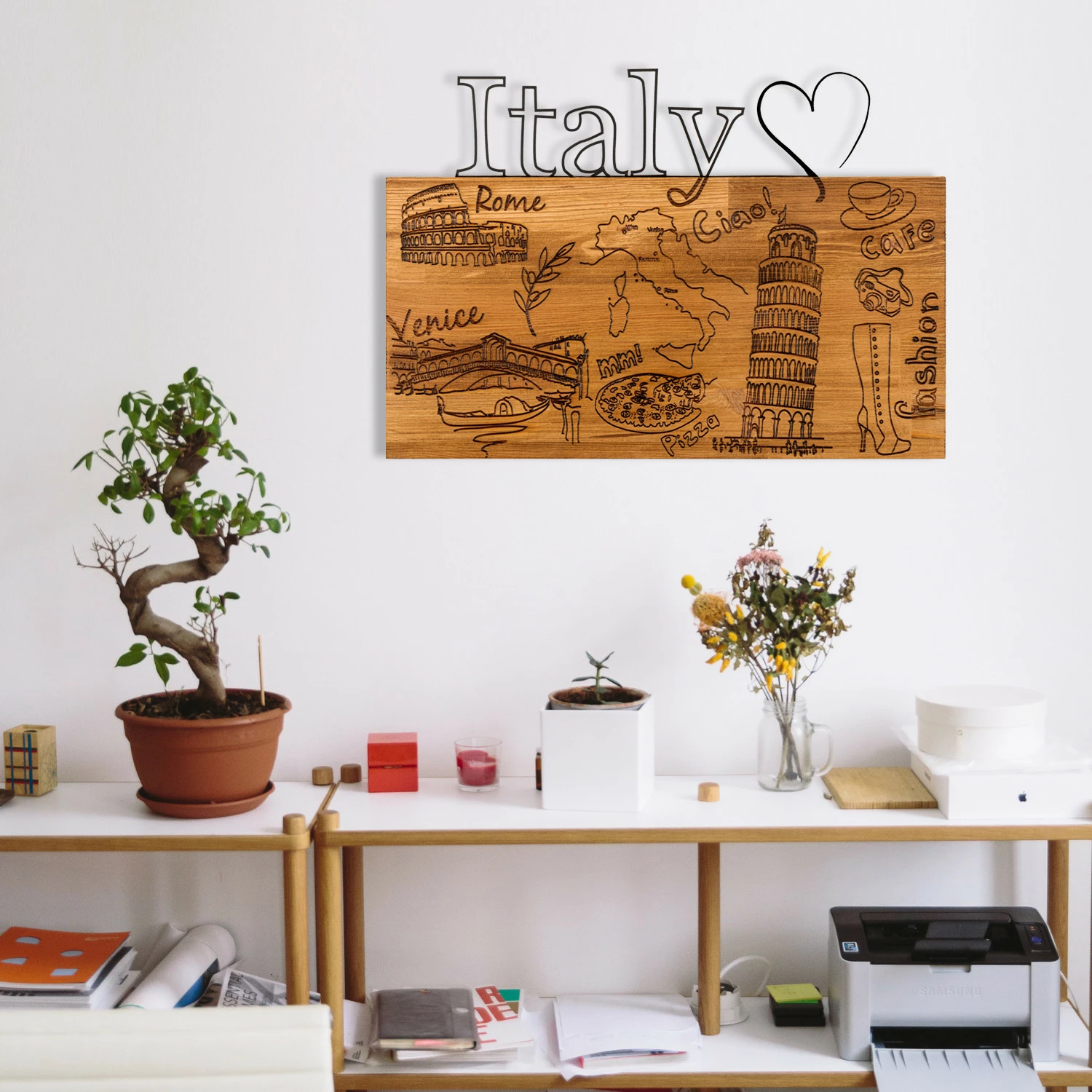 Aksesor dekorativ për mur, dru dhe metal, 'I Love You Italy', ngjyrë e zezë dhe arre, 58x41cm