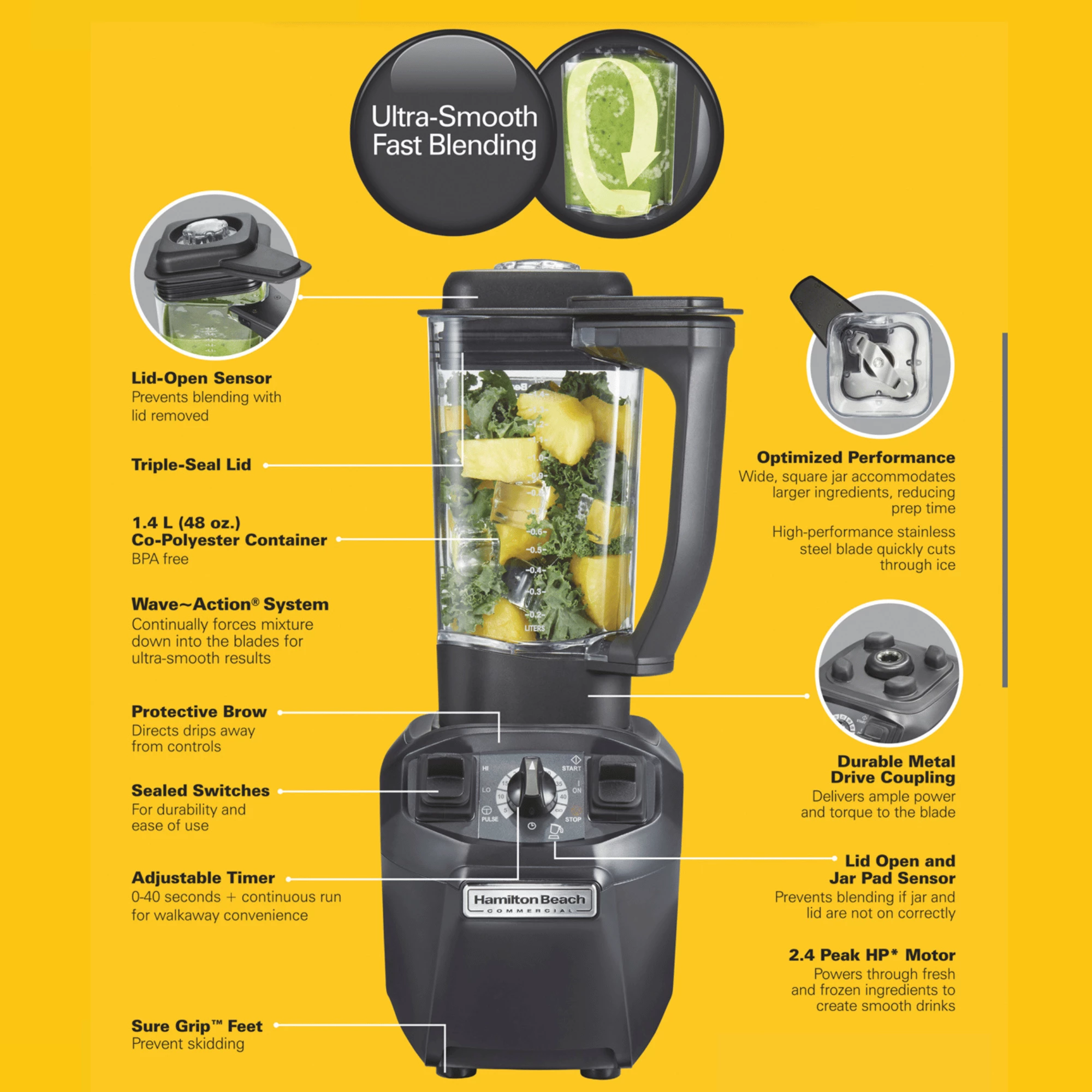 Blender bar, Hamilton Beach Commercial, HBH455 Tango, 1.4 L 2.4 HP, kopoliestër, i zi