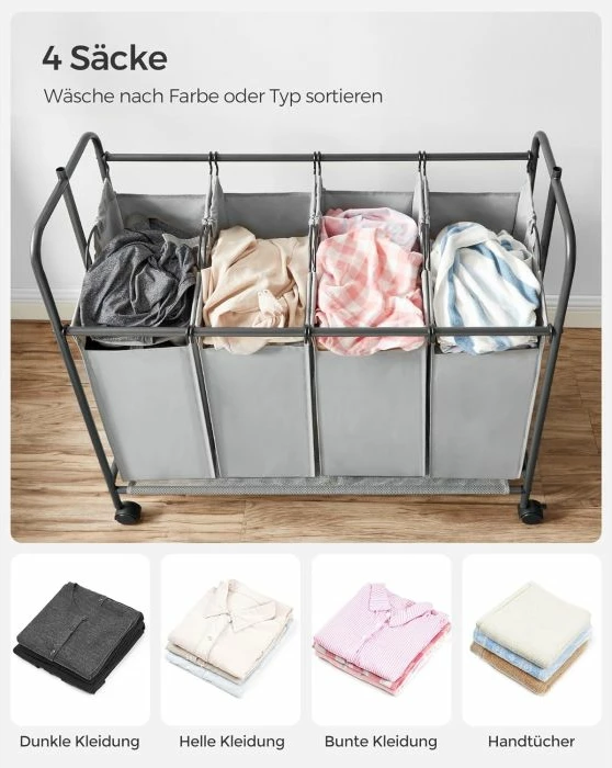 Shportë rrobash SONGMICS RLS44GS, 4 ndarje, 4x50 L (200 L), me rrota dhe frenë, me shufër varëse, gri