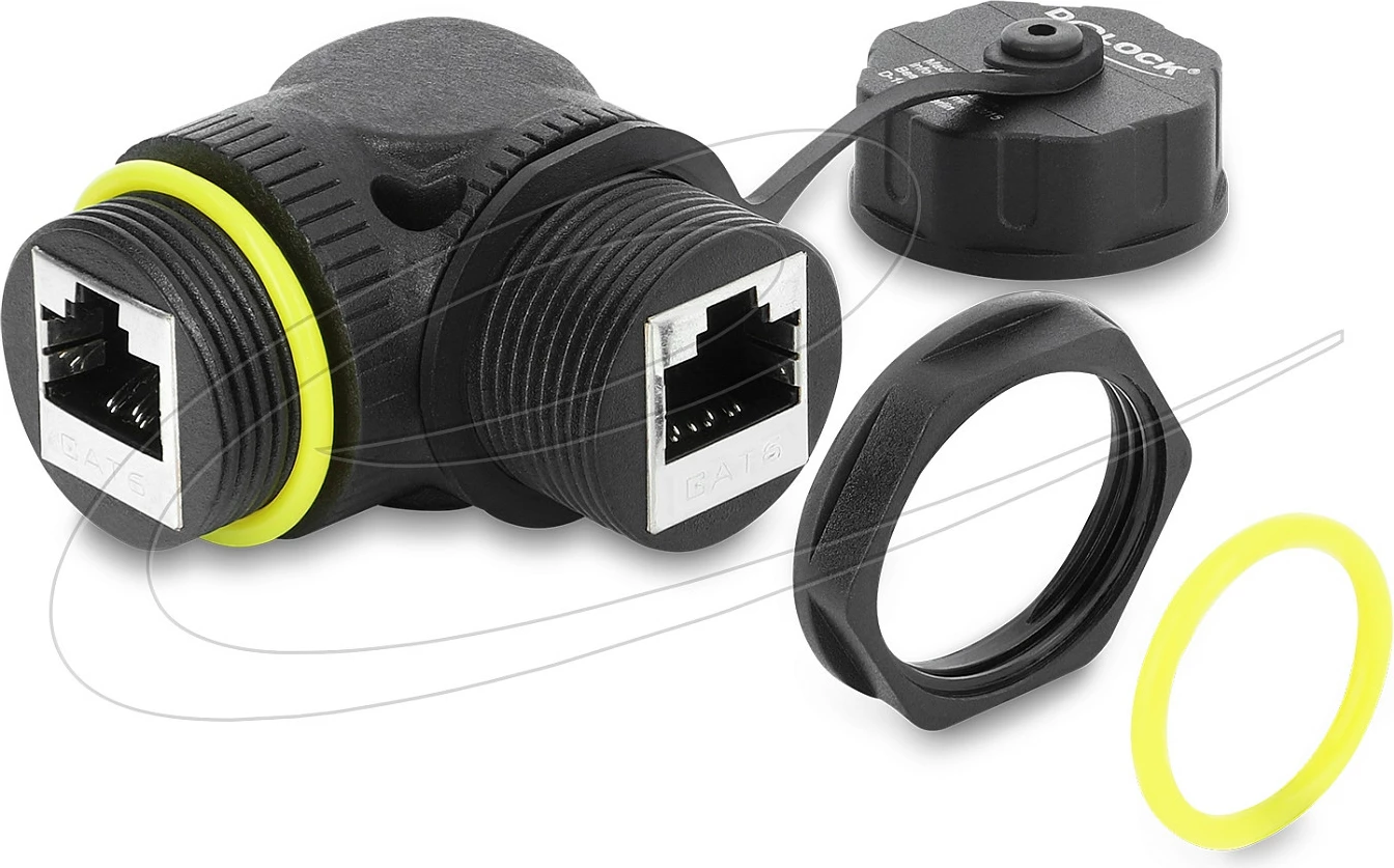 Lidhës kablli RJ45 DeLOCK Cat6, femër-femër, 90°, IP68, me filetë M23x1.5, i zi