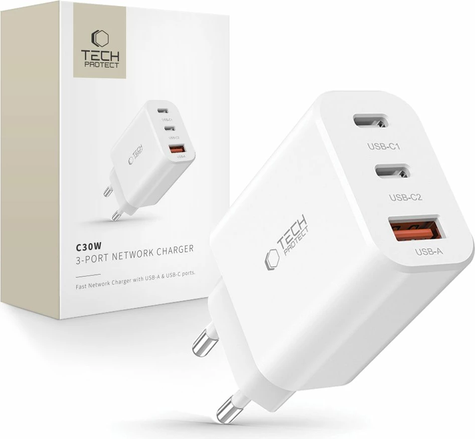 Karikues rrjeti Tech-Protect NC30W, 3 porta (2x USB-C PD 30W, 1x USB-A QC 3.0), i bardhë