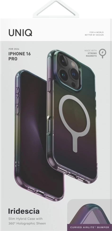 Mbështjellës UNIQ Iridescia Magclick Charging për iPhone 16 Pro, i zi