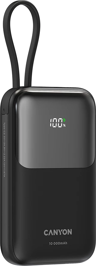 Power bank CANYON OnPower 101 10000 mAh PD 22.5W me kabllo të integrume Type-C, e zezë