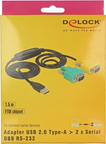 Kabllo adaptor USB-A në RS-232 (DB9) DeLOCK 63466, 1.5 m, 2x DB9, e zezë/jeshile/verdhe