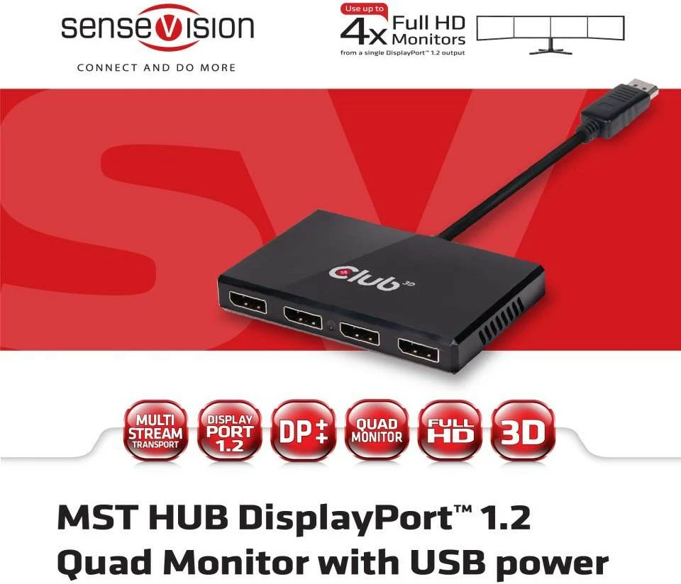 Hub DisplayPort Club3D SenseVision 1xDP në 4xDP, 0.13m, i zi