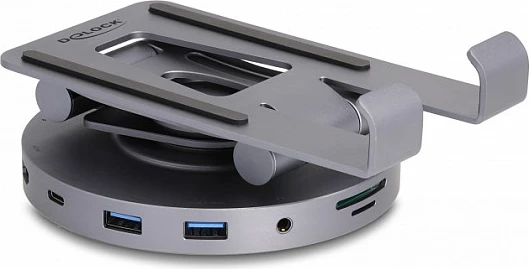 Docking station DeLOCK 4K me mbajtëse, HDMI, LAN, USB-C/USB-A, SD/MicroSD, PD 60W, 360° rrotullues, gri