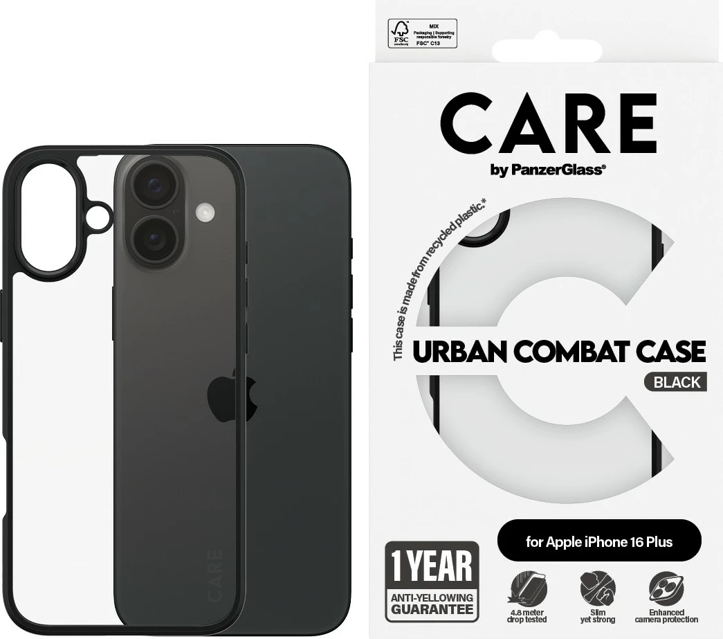 Mbështjellës PanzerGlass CARE Case Flagship Urban Combat për iPhone 16 Plus, transparent