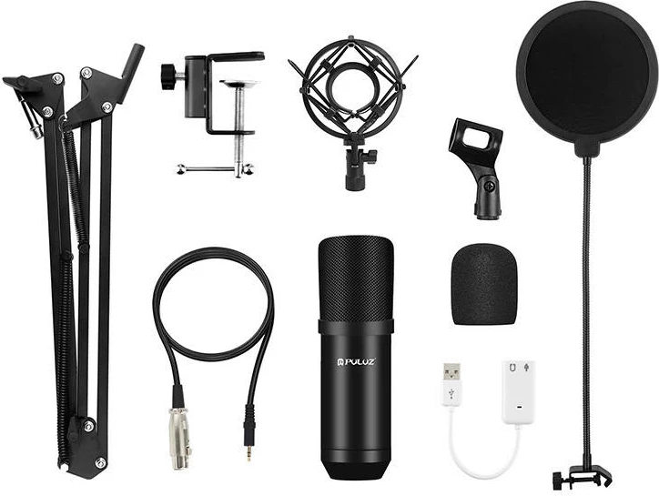 Mikrofon kondensator Puluz PU612B për studio, me filtër POP, i zi, set me aksesorë