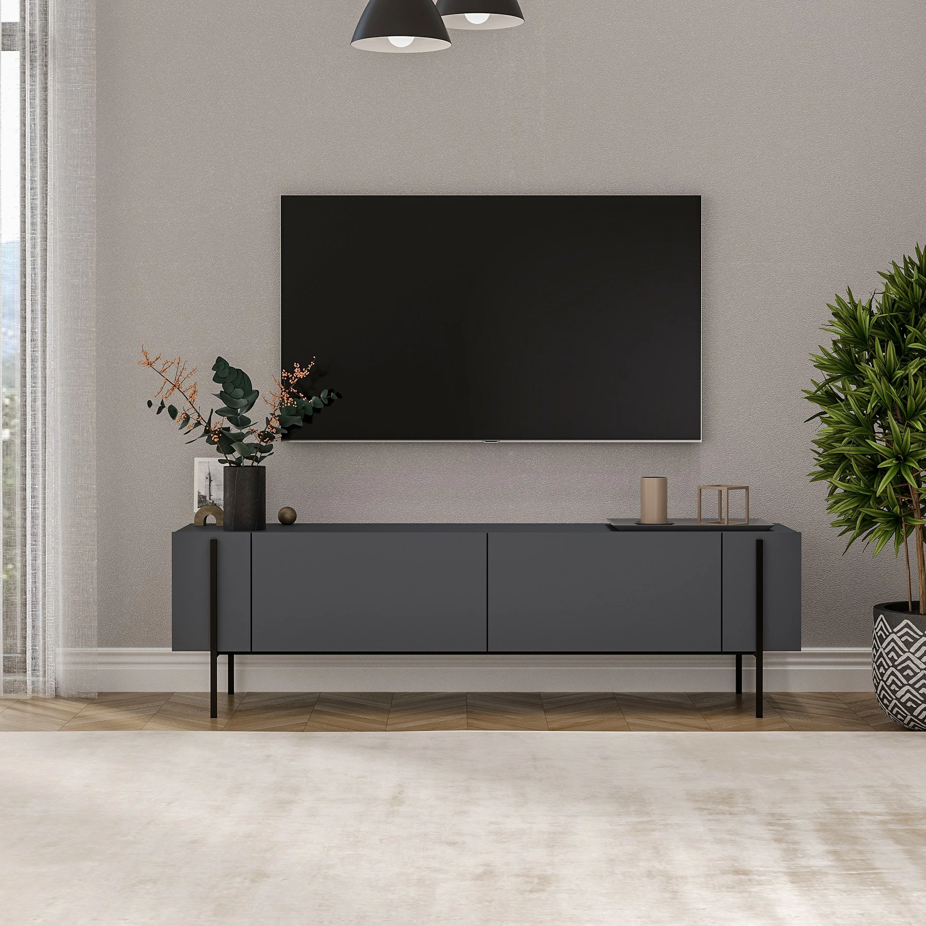 Komodë TV Skye Decor, ngjyrë antracit, Herman
