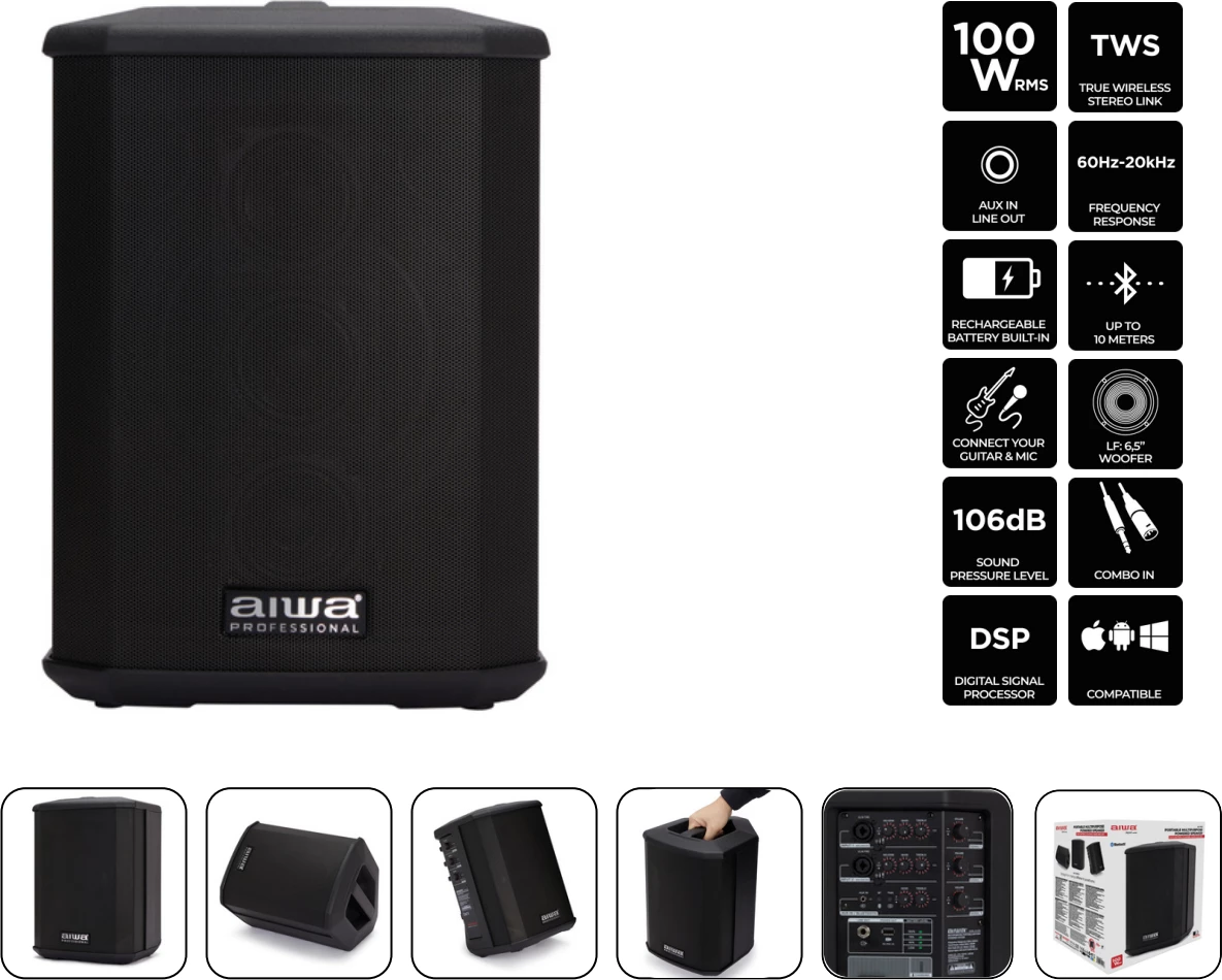 Altoparlant portativ aktiv Aiwa AX-1PRO 100W RMS Bluetooth 5.0 me bateri, mikser 3-kanalësh me reverb, TWS, 6.5\" woofer, i zi