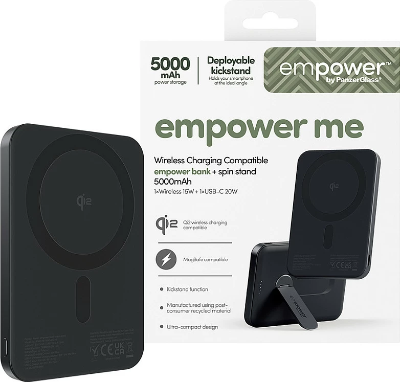 Power bank PanzerGlass empower bank 5000mAh, Qi2/MagSafe, spin stand, Space Black