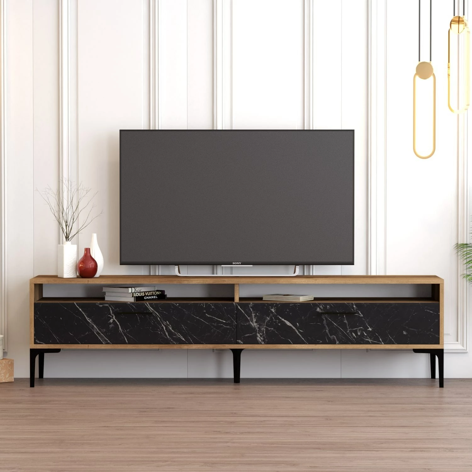 Komodë TV Hanah Home, Istanbul 2, ngjyrë arre dhe mermer i zi