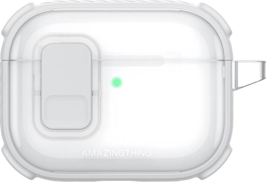 Mbështjellës AmazingThing Titan Pro Mag për AirPods Pro 3, PC/TPU, me karabinë, i tejdukshëm, i bardhë