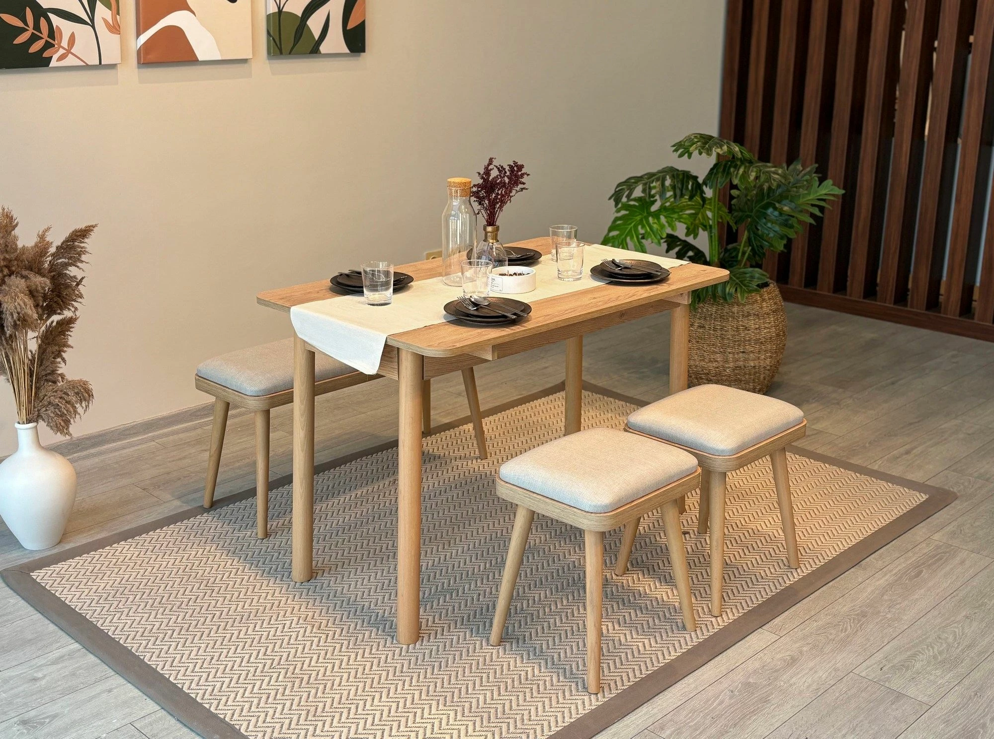 Set tavoline me karrige, zgjatës, 4 pjesë, Skye Decor, Vina Mini 04 1005, ngjyrë lis, krem