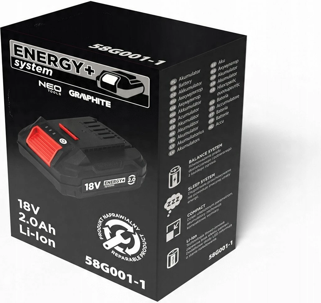 Bateri Graphite Energy+ 18V Li-Ion 2.0Ah 58G001-1, zezë/kuqe