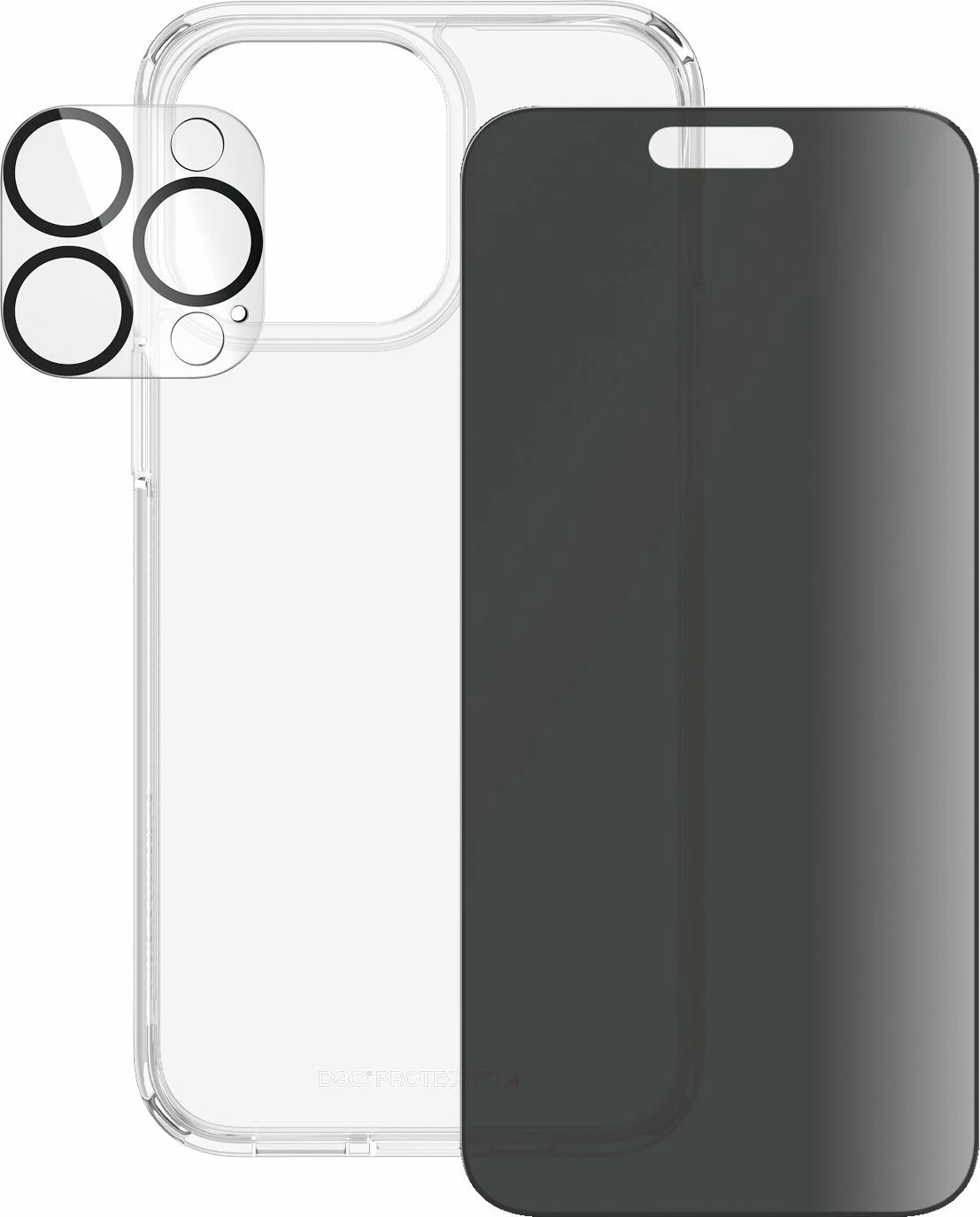 Set mbrojtës 3-në-1 PanzerGlass Privacy për iPhone 15 Pro Max, transparent, paketë 3 pjesë
