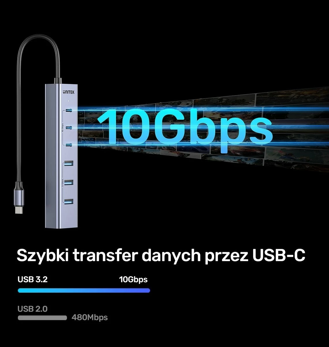 Hub USB-C Unitek Active, 3x USB-C 10Gbps + 4x USB-A 5Gbps, me adapter rryme, gri