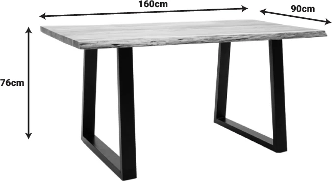 Tavolinë Miles, dru akacie masiv, trashësi 3.7-4cm, ngjyrë natyrale, këmbë metalike të zeza, 160x90x76cm