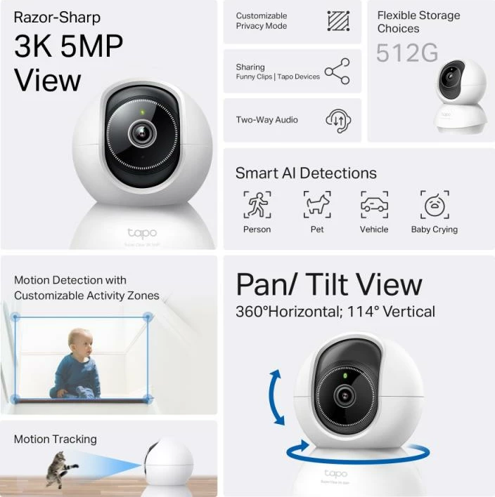 Kamerë IP me Wi‑Fi, TP-Link Tapo C230, 3K 5MP, pan/tilt, zbulim AI, audio dyanshme, microSD deri 512GB, e bardhë