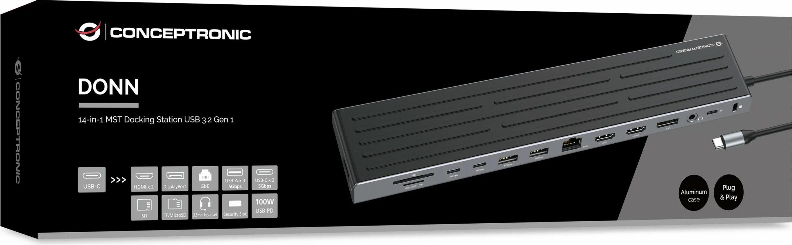 Dock Conceptronic 14-1 USB-C, 2xHDMI, DP, 2xUSB-C, 18cm, zi