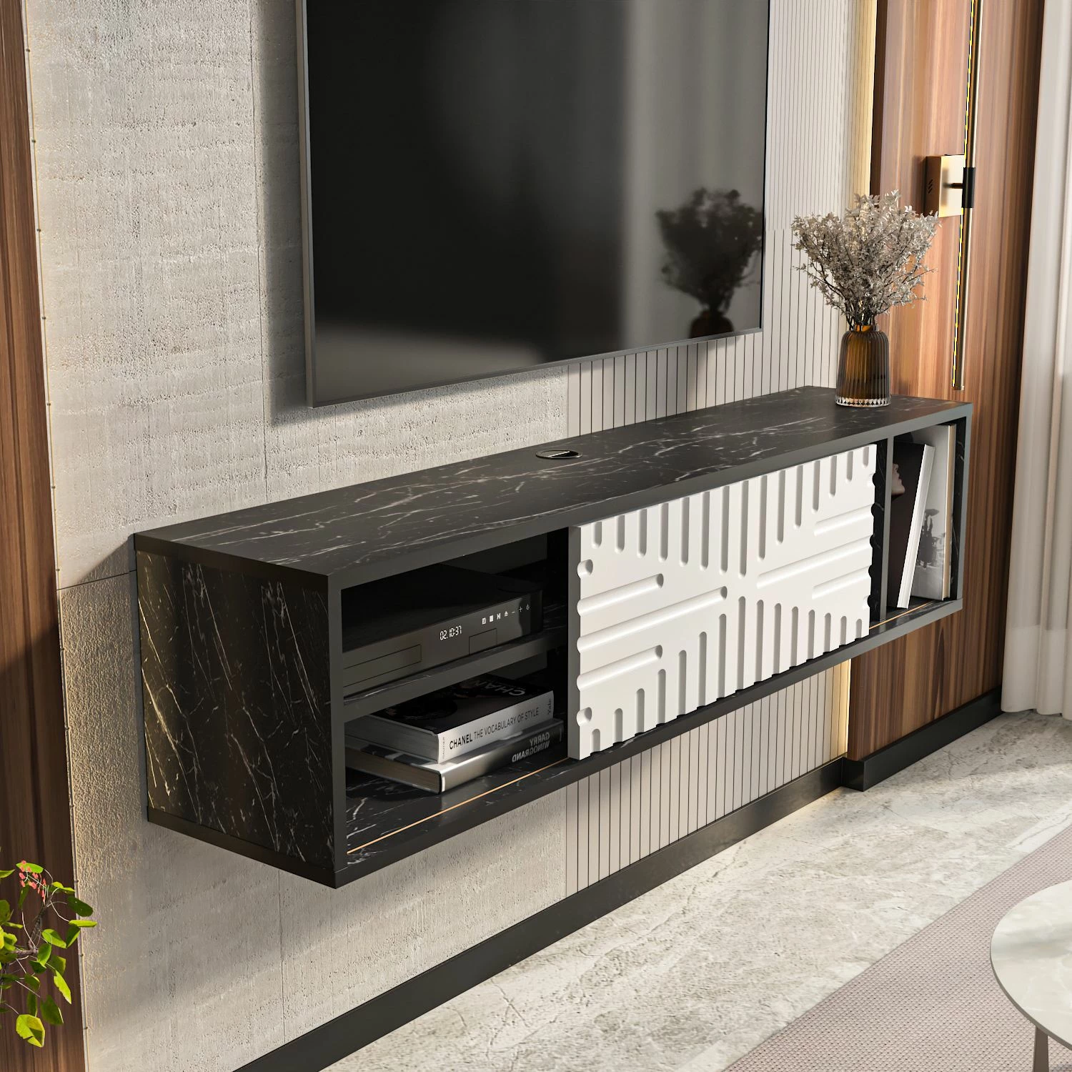 Komodë TV e varur Teo, ngjyrë e zezë dhe e bardhë, Skye Decor
