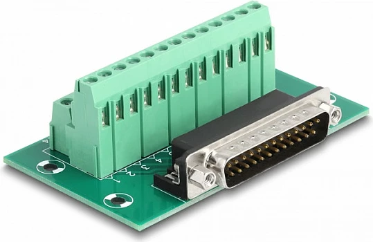 Adapter D-Sub 25-pin mashkull DeLOCK në terminal block për shinë DIN, i gjelbër