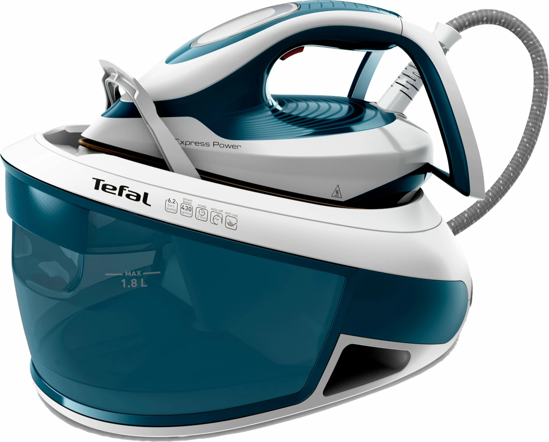 Hekur me avull stacion, Tefal SV8111E0 Express Power, 2800W, 6.2 bar, 120 g/min me 430 g/min shtesë, depozitë 1.8L, bardh e kaltër