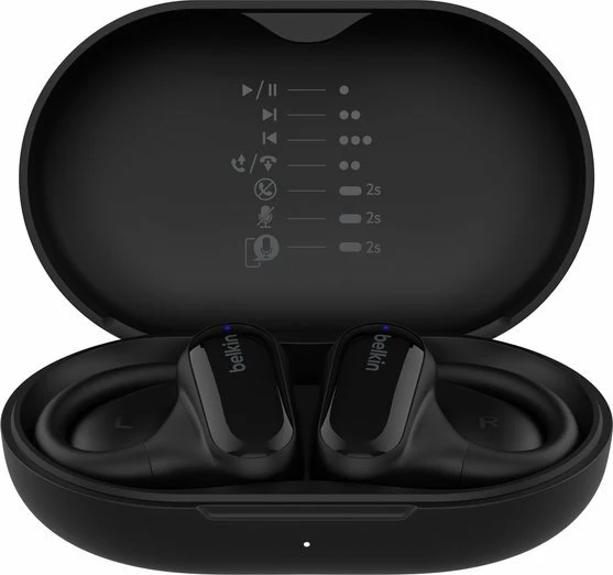 Kufje wireless Belkin SoundForm ClearFit AUC013CTBK, open-ear, Bluetooth multipoint, 8+18h, IPX5, të zeza, me kasë karikimi