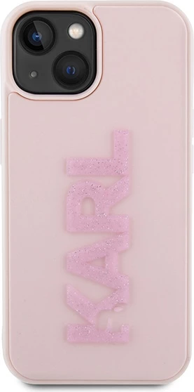 Mbështjellës Karl Lagerfeld 3D Rubber Glitter Logo për iPhone 15 Plus, rozë