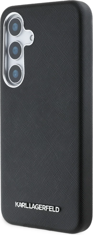 Mbështjellës Karl Lagerfeld Saffiano Full Wrapped Elongated Metal Logo MagSafe për Samsung Galaxy S25, Zi